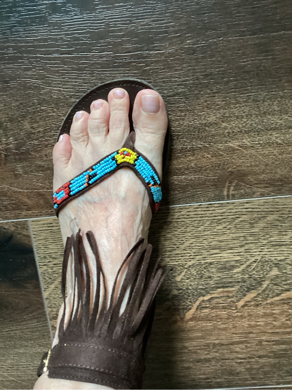 Qupid Brown Fringe Beaded T-Strap Sandals with Turquoise & Yellow Accents